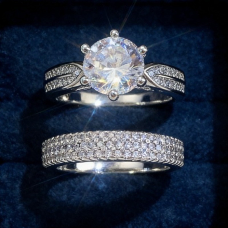 2set Luxury Classic Wedding Ring Set, Engagement & Eternity Rings